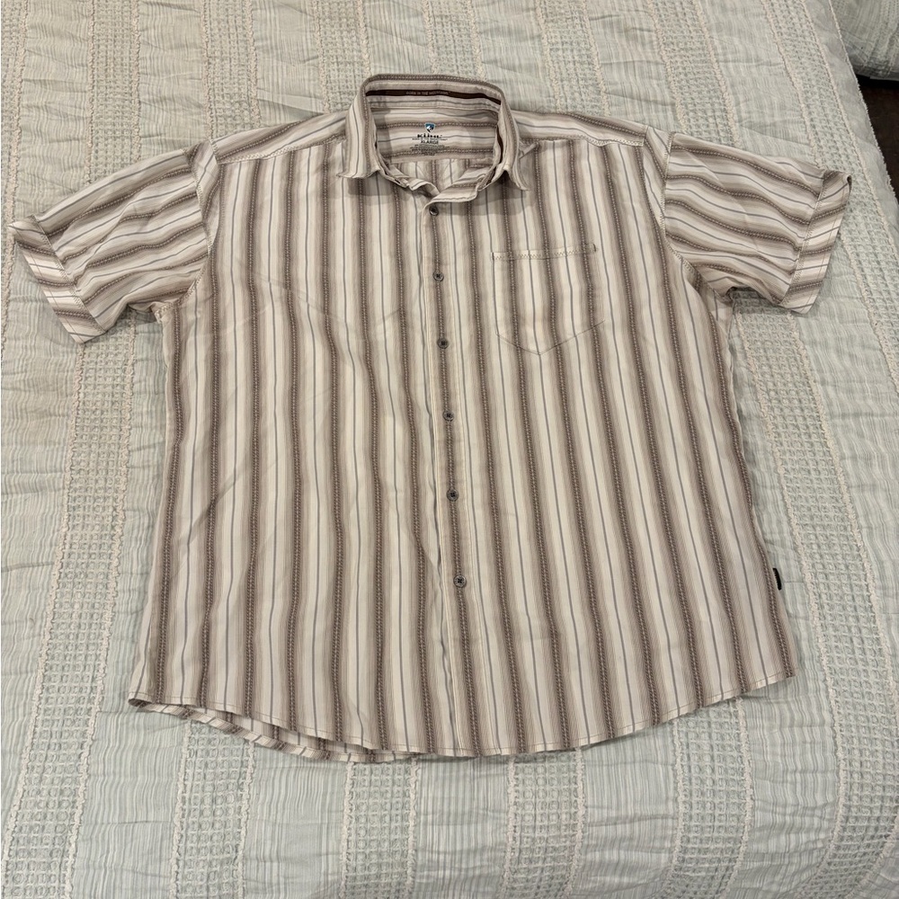 KÜHL Men’s Short Sleeve Button Down Stripe Shirt Beige Gray XL EUC